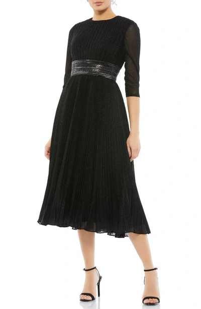 Mac Duggal Metallic Pleated A-line Midi Cocktail Dress In Black