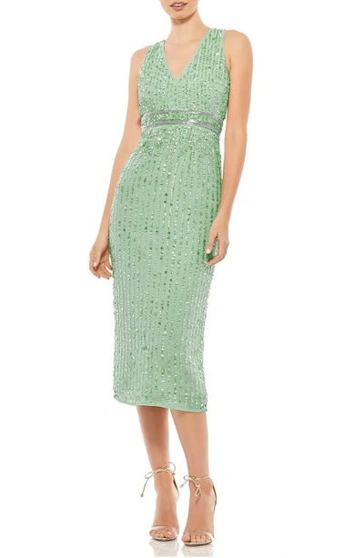 Mac Duggal Sequined Sleeveless V-neck Midi Sheath Dress In Sage