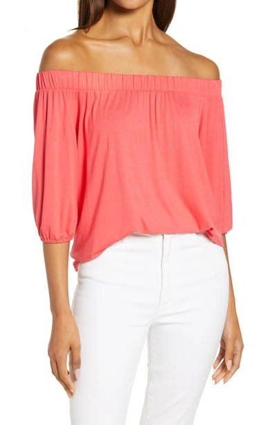 Loveappella Solid Off The Shoulder Top In Coral