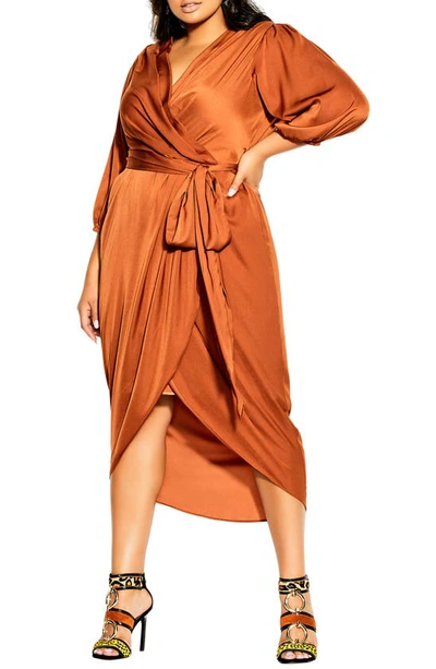 City Chic Opulent Faux Wrap Dress In Caramel