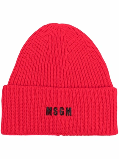 Msgm Logo Embroidery Knit Beanie In Red