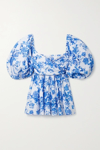 Caroline Constas Wrap-effect Gathered Floral-print Cotton-blend Poplin Top In Blue Floral