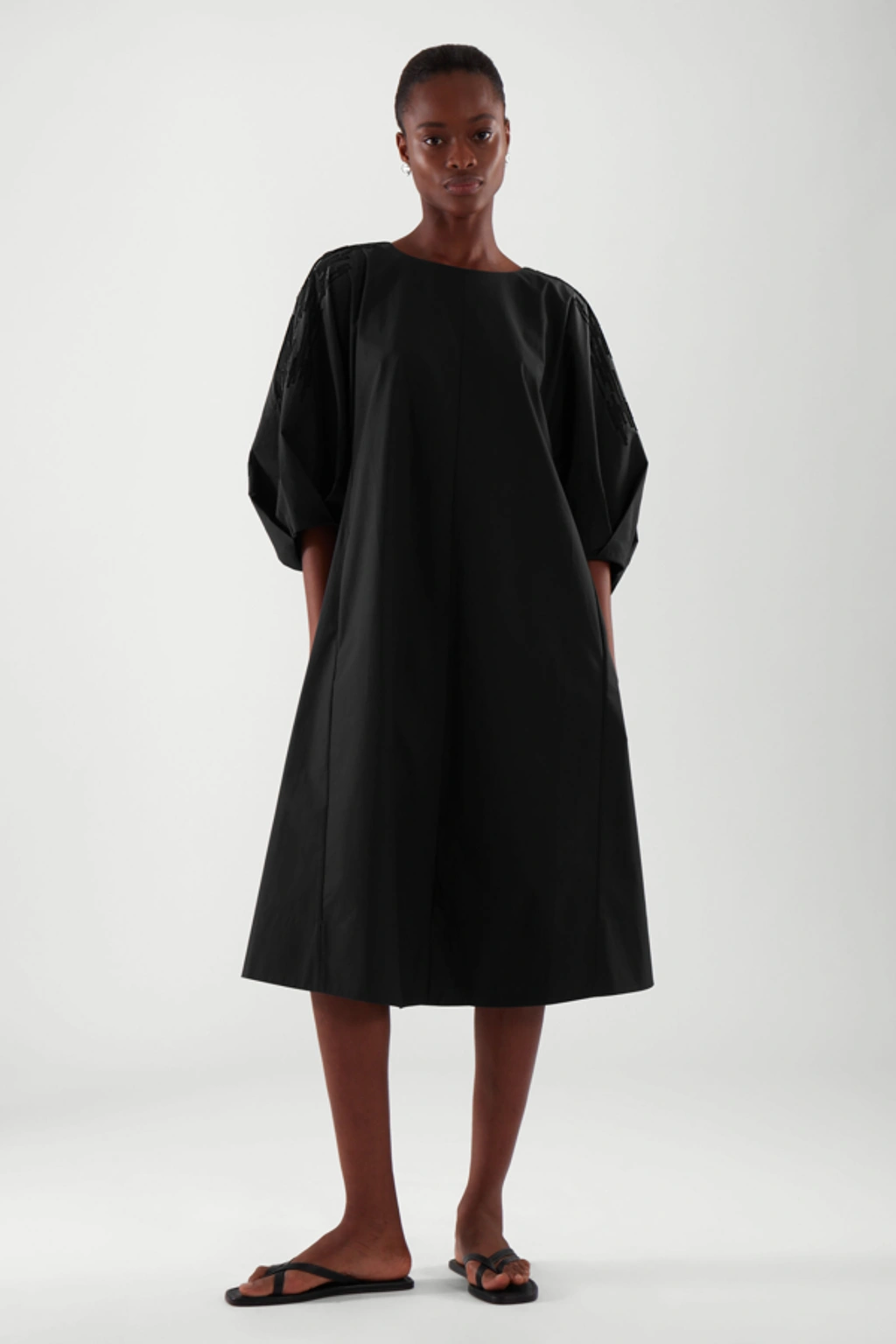 Cos Embroidered Puff Sleeve Dress In Black | ModeSens