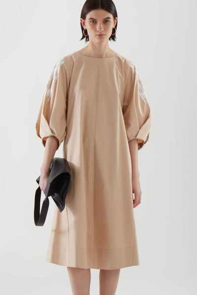 Cos Embroidered Puff Sleeve Dress In Beige / White | ModeSens