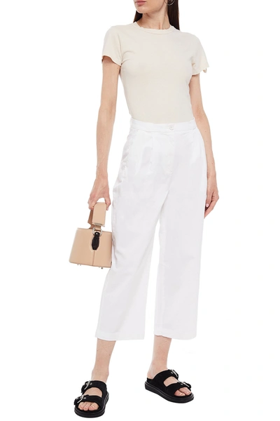 American Vintage Cropped Pleated Cotton-blend Twill Straight-leg Trousers In White