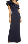 Eliza J Ruffle One Shoulder Bodycon Gown In Navy