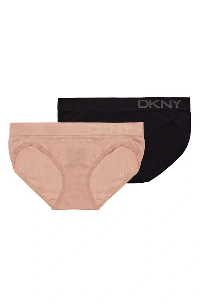Dkny Rib Knit Brief Panties In Black/sand