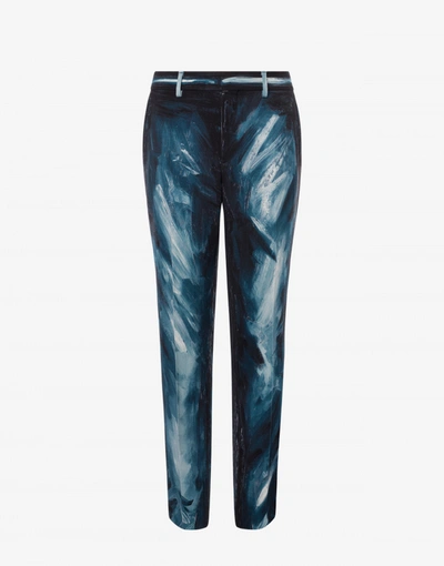 Moschino Painting Wool Satin Trousers In Sky Blue