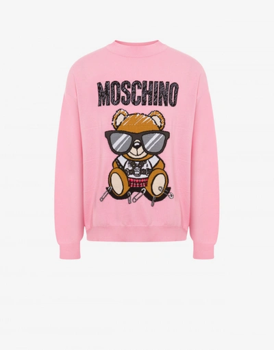 Moschino Mixed Teddy Bear Wool Jumper In Pink