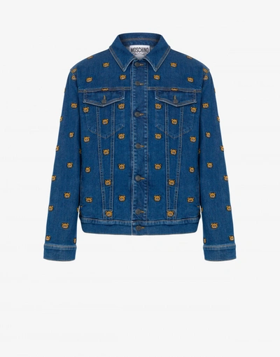 Moschino Allover Teddy Embroidery Denim Jacket In Blue