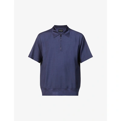 Emporio Armani Mens Navy Zip-front Regular-fit Wool Polo Shirt L In Denim