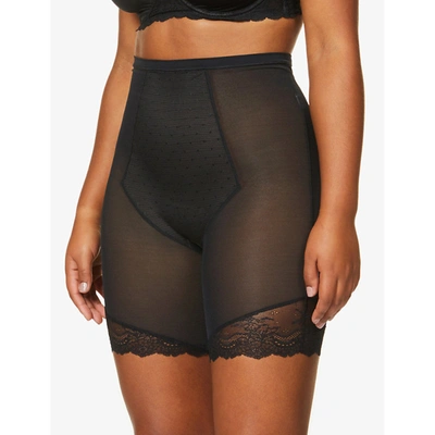 Spanx Spotlight On Lace Super High-rise Mesh Mid-thigh Shorts In Very Black