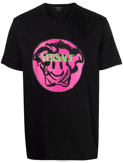 Versace Jersey Cotton Fabric T-shirt With Medusa Smile Print In Black