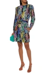 DUNDAS BUTTON-EMBELLISHED RUCHED PRINTED CREPE MINI DRESS,3074457345626479891