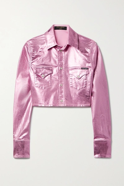 Dolce & Gabbana Pop Cropped Metallic Coated-denim Jacket In Pink