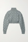 Herve Leger Cropped Cutout Knitted Turtleneck Sweater In Gray