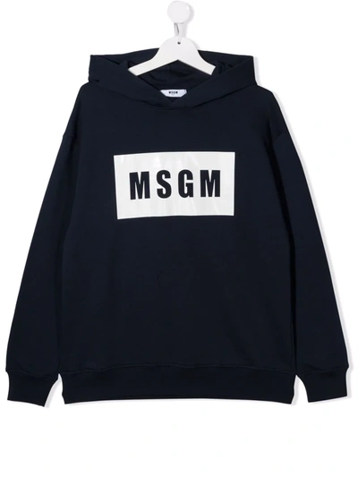 Msgm Teen Logo-print Pullover Hoodie In Blue