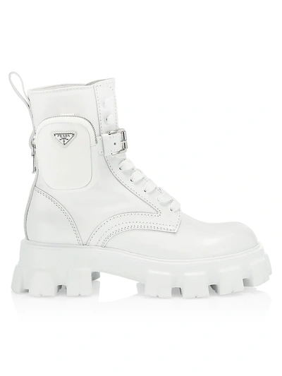 Prada Men's Monolith Lug-sole Leather Combat Boots In White