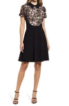 Shani Floral Applique Fit-&-flare Dress With Collar In Black/nude