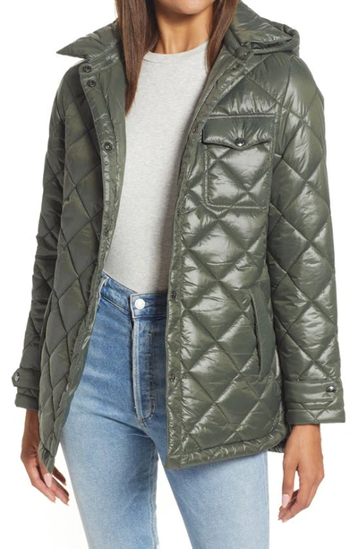 Sam Edelman Water Repellent Diamond Quilted Jacket With Removable Hood In Loden