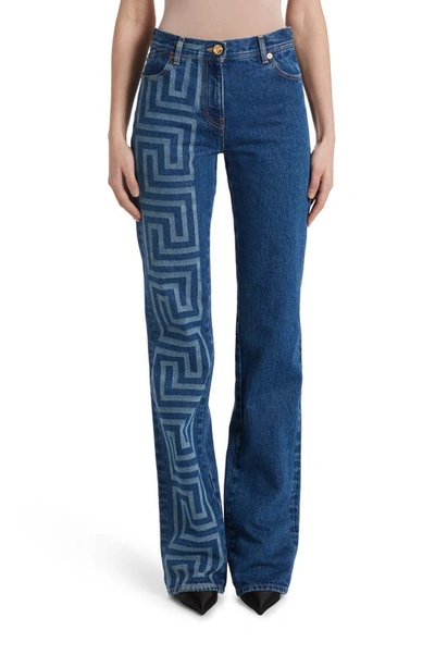 Versace Greca Print Flare-leg Jeans In Blue