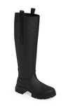 Ganni Grosgrain-trimmed Rubber Knee Boots In Black