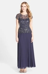 Pisarro Nights Beaded Mesh Mock Two-piece Gown In Slate