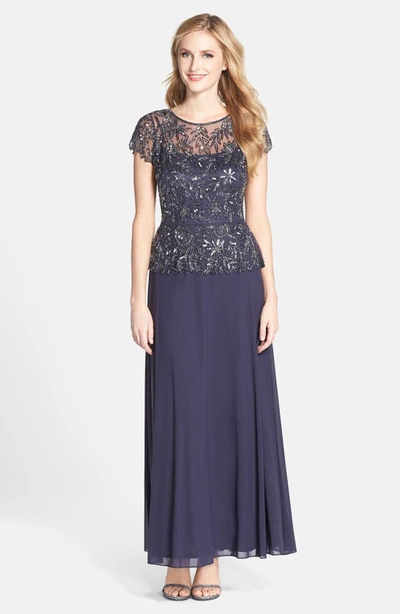 Pisarro Nights Beaded Mesh Mock Two-piece Gown In Slate