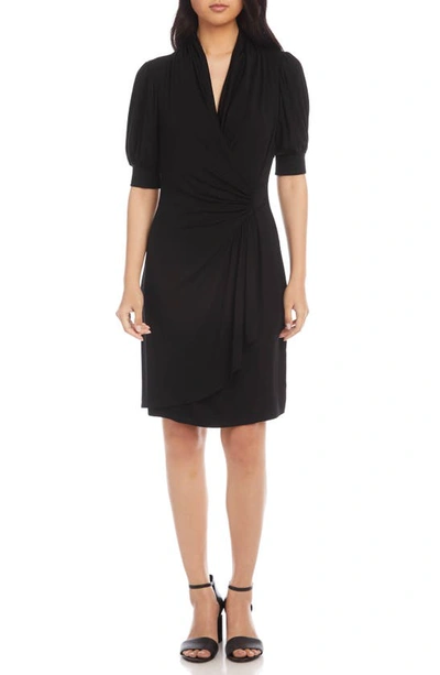 Karen Kane Puff Sleeve Jersey Faux Wrap Dress In Black