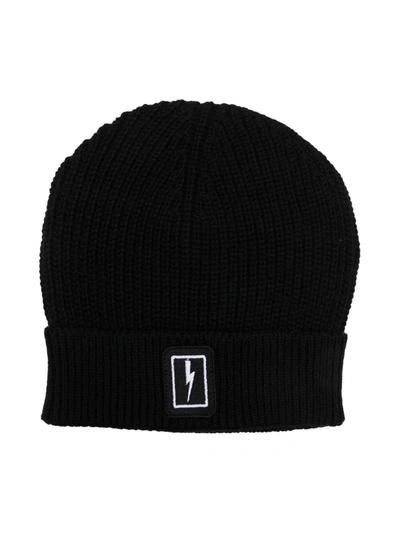 Neil Barrett Kids' Lightning Patch Beanie Hat In Black