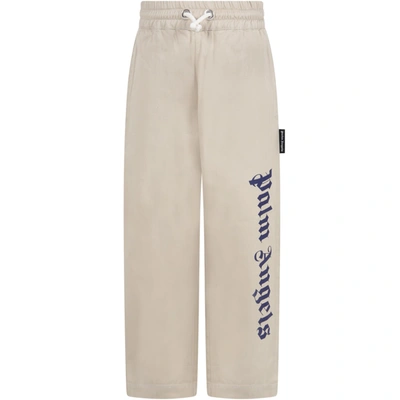 Palm Angels Beige Trousers For Kids With Blue Logo In Brown