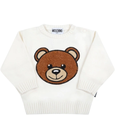 Moschino Babies' Pullover Bianco Teddy Bear In Maglia Di Cotone E Lana In White