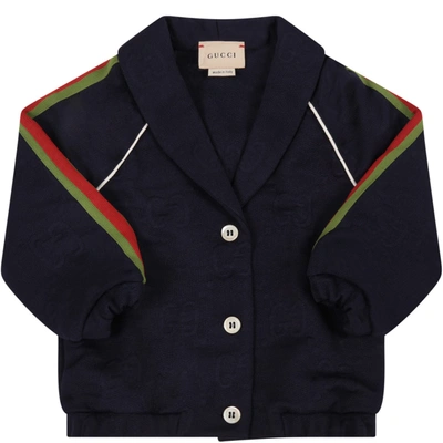 Gucci Blue Cardigan For Baby Boy With Double Gg In Multicolor