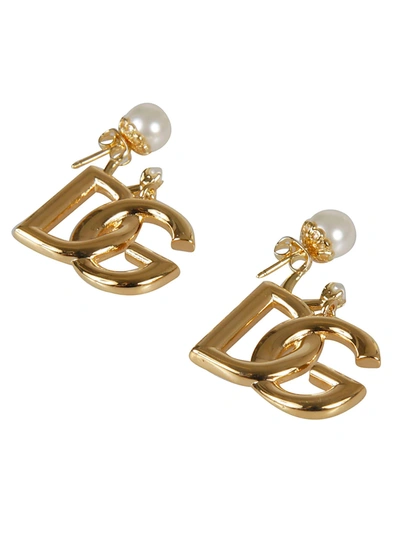 Dolce & Gabbana Logo Pearl-embellished Drop Earrings In Gold