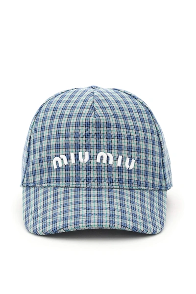 Miu Miu Check Printed Baseball Hat In Light Blue | ModeSens display picture 1