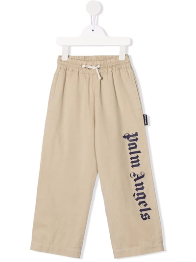 Palm Angels Kids' Logo-print Straight-leg Trousers In Neutrals