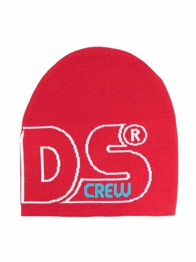 Gcds Kids' Logo-knit Beanie Hat In 红色
