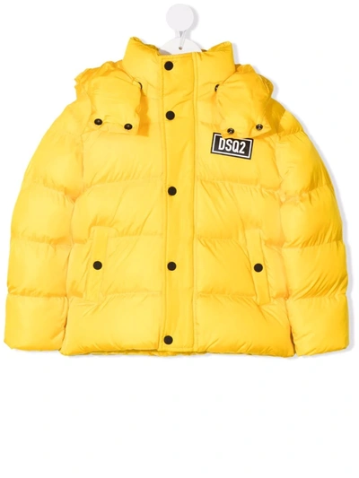 Dsquared2 Kids' Logo-print Padded Hooded Jacket In Yellow
