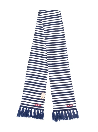 Gucci Kids' Embroidered-logo Striped Wool Scarf In Blue