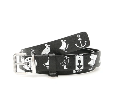 Prada Black / White Seagull Print Belt In Black,white
