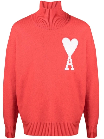 Ami Alexandre Mattiussi Ami Ami De Coeur Turtleneck Knit Sweater In Red