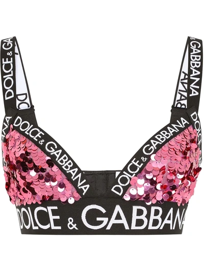 Dolce & Gabbana Sequined Triangle Bra With Branded Elastic In Fuchsia