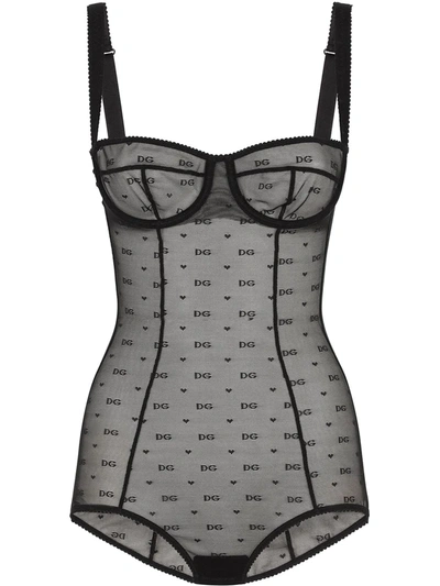 Dolce & Gabbana Jacquard Tulle Balconette-bra Bodysuit In Black