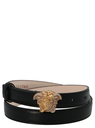 Versace Palazzo Dia Belt With Crystal-encrusted Medusa Buckle In Black
