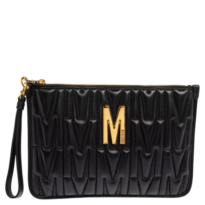 Pre-owned Moschino Black Monogram Embossed Leather M Pouch