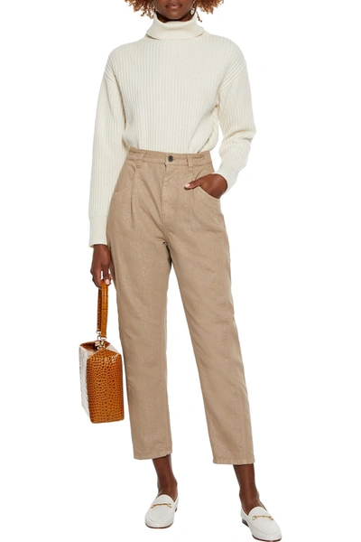 Brunello Cucinelli Pleated Bead-embellished Metallic High-rise Tapered Jeans In Camel