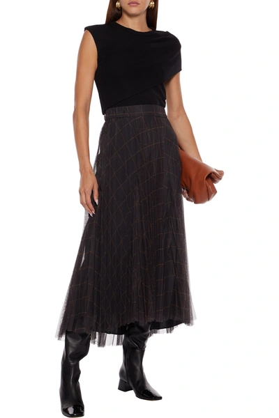 Brunello Cucinelli Checked Plissé-tulle Midi Skirt In Black