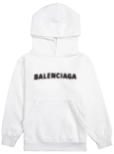 Balenciaga Kids Blurred Logo Printed Hoodie In White