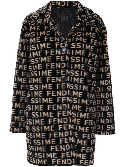 Pre-owned Fendi Logo-pattern Faux-fur Coat In Black