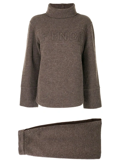 Pre-owned Fendi Logo-embossed Knitted Jumper And Skirt Set In Brown